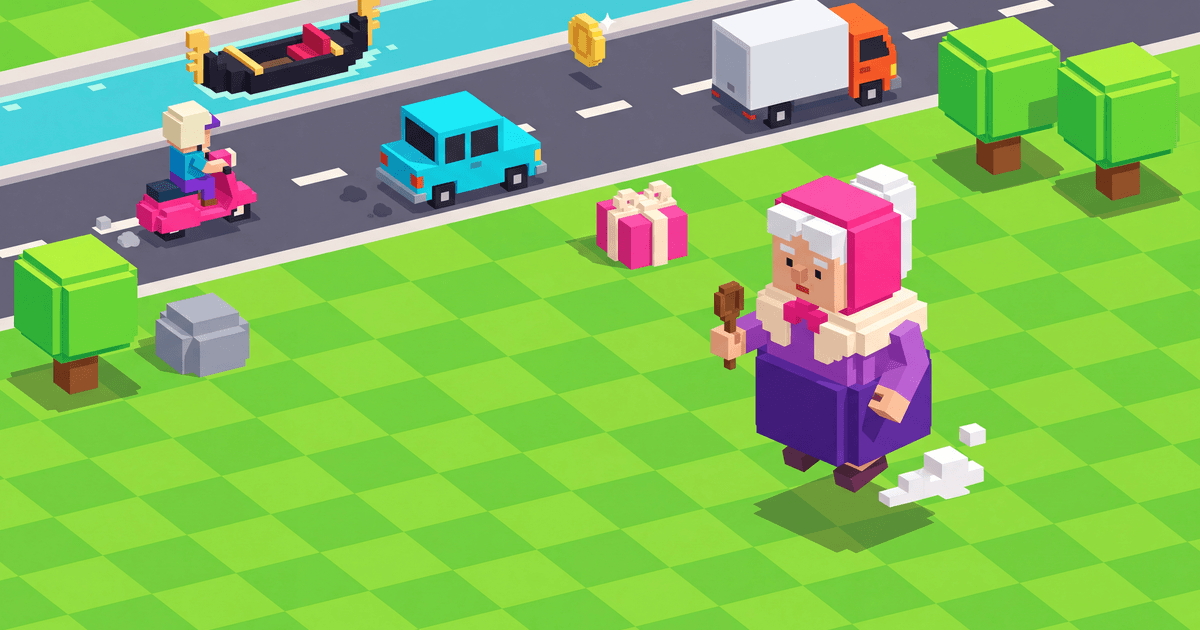 Nonna Crossing Road artwork showing Nonna beside traffic, a canal, and a wrapped gift