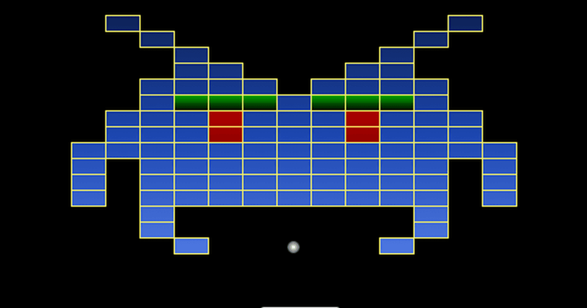BrickIt browser-game screenshot with blue brick-breaker blocks shaped like an arcade alien