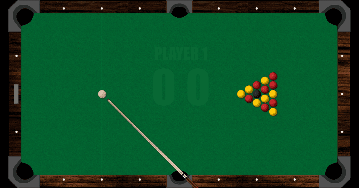 Classic 8-ball pool browser-game screenshot with a cue stick and racked balls