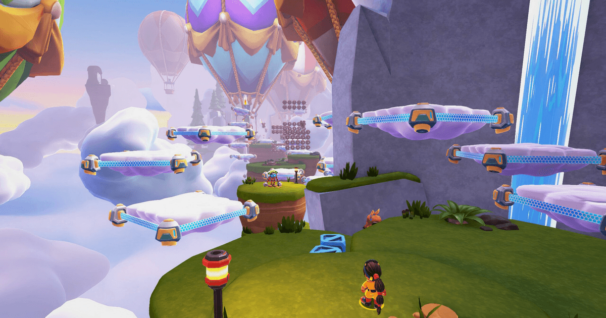 Max Mustard gameplay with a character facing floating platforms and giant balloons in a bright sky world