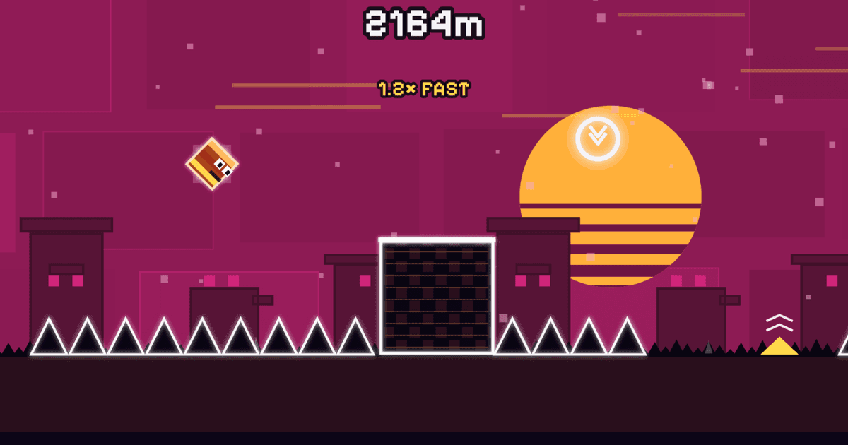 Geometry Slop Dash gameplay showing a cube jumping past glowing spikes at 2,164 meters