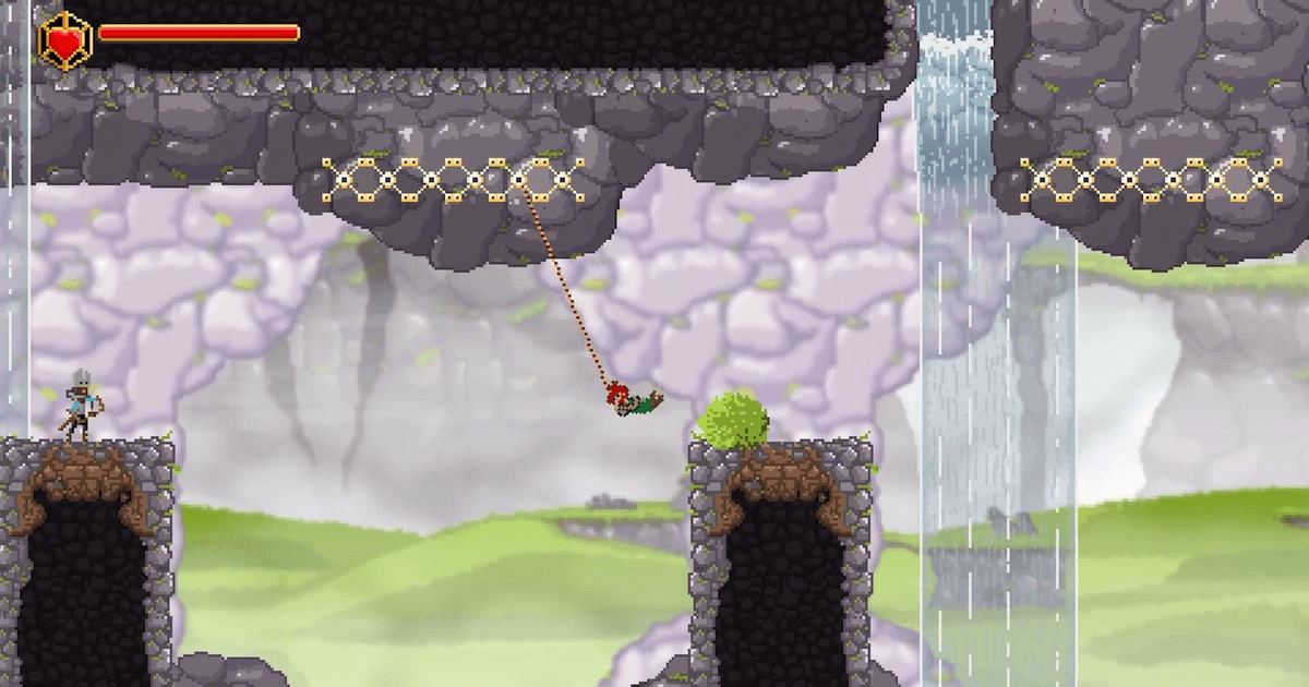 HAMISH gameplay showing the player grappling across a waterfall
