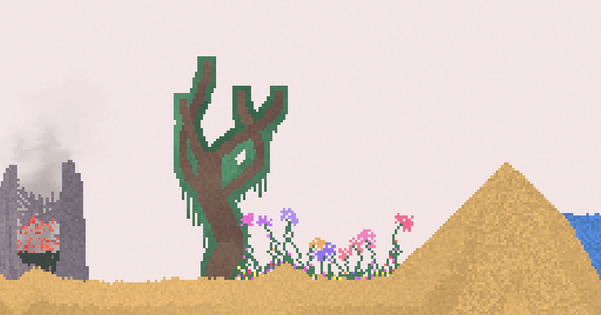 Sandspiel gameplay screenshot with falling sand, plants, water, and fire