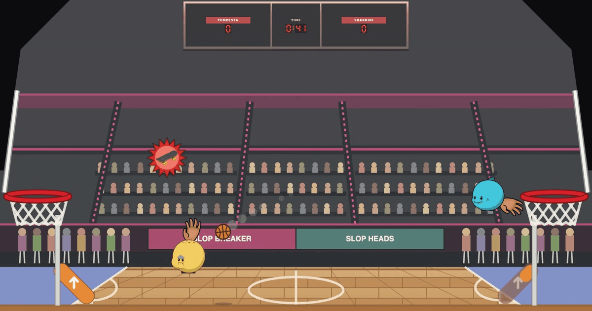 Slop Head Basketball gameplay showing two players competing under the basket