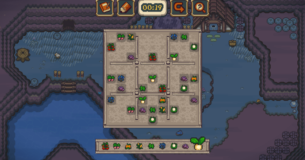Sudoku Acres gameplay showing a farm puzzle beside a lake