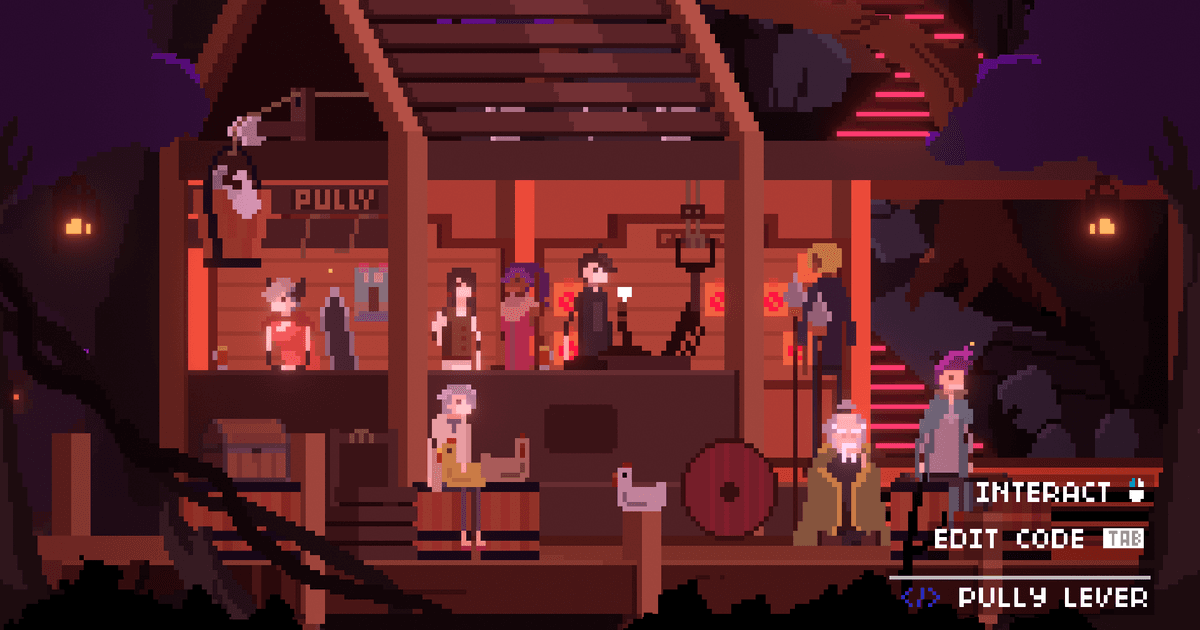 One Dreamer gameplay showing a pixel-art workshop and code interface
