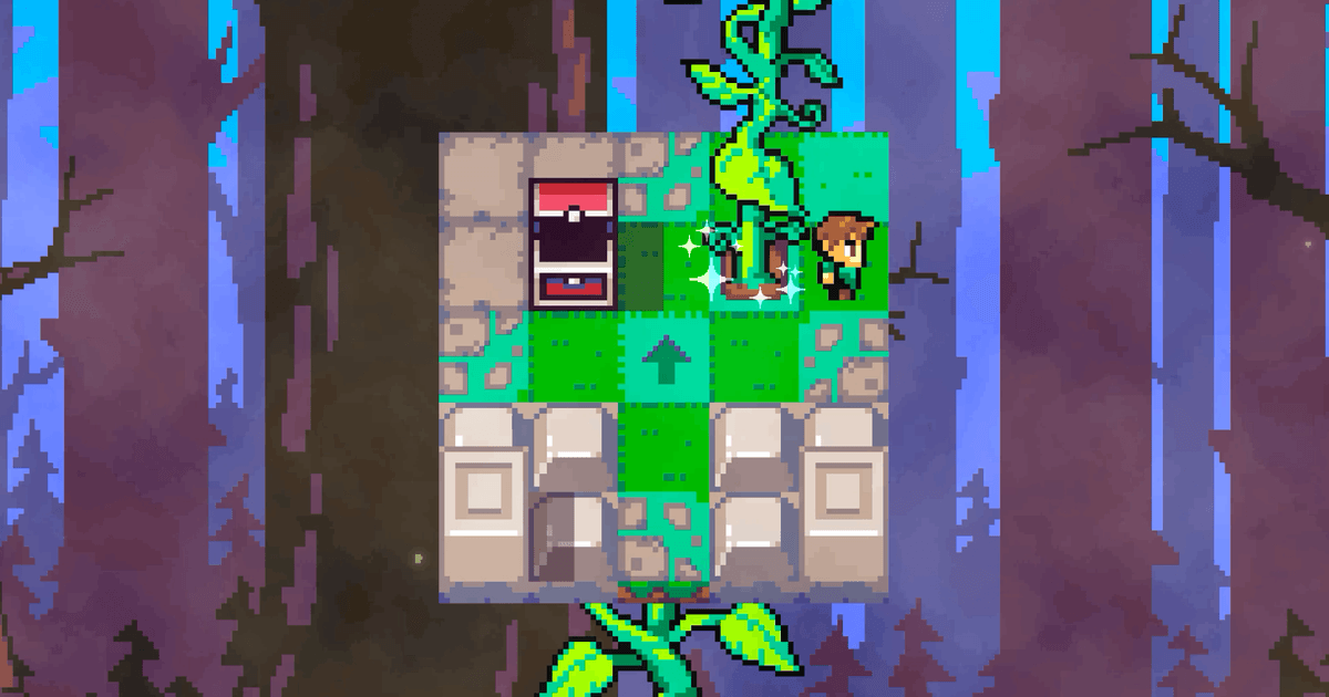 Nymble 2 pixel-art forest gameplay with a character beside a sparkling treasure chest