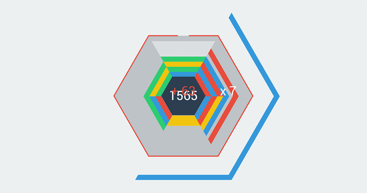 Hextris gameplay screenshot with colorful blocks around a central hexagon