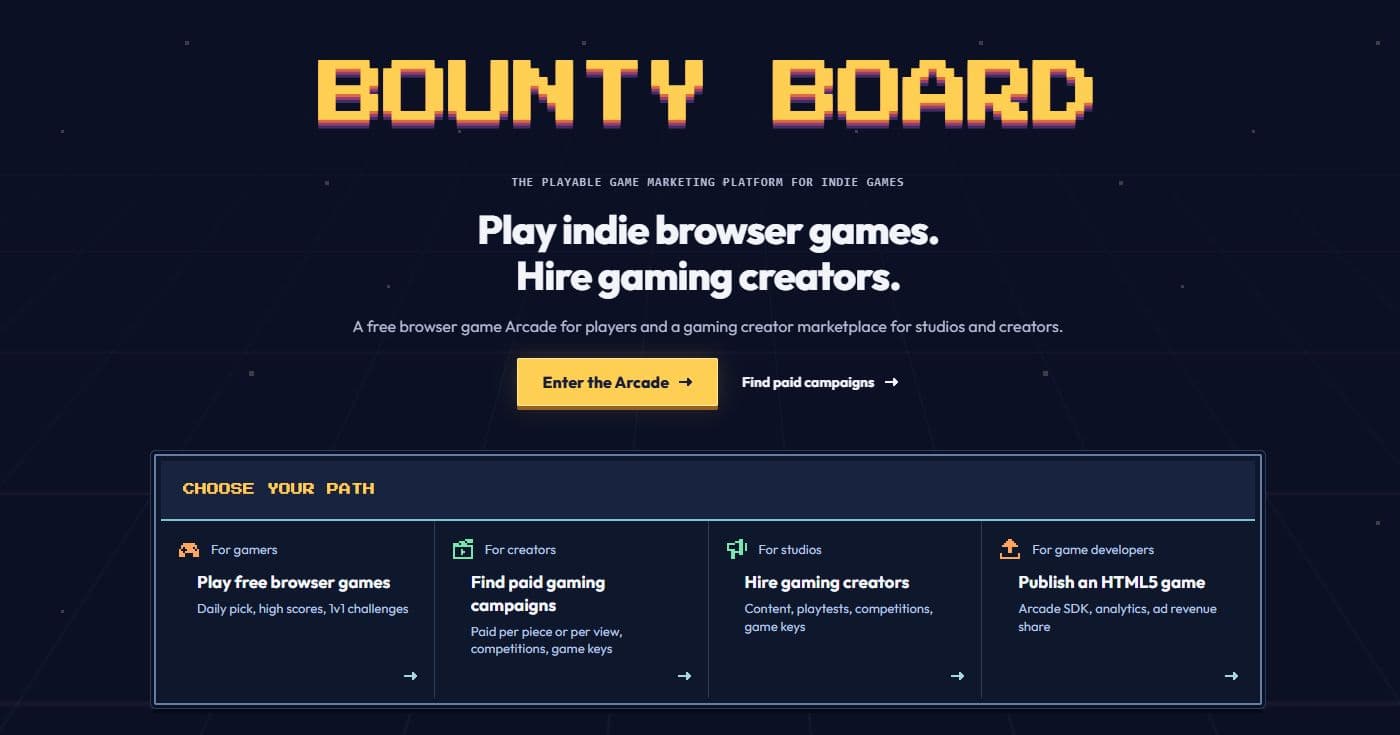 Preview of a new Bounty Board theme: yellow pixel lettering on a dark grid background, above paths for gamers, creators, studios, and game developers.