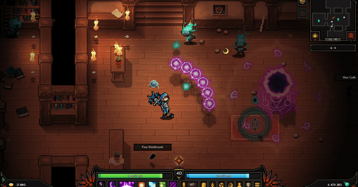 The Slormancer pixel-art combat with a hero firing a curved purple spell through a dungeon room